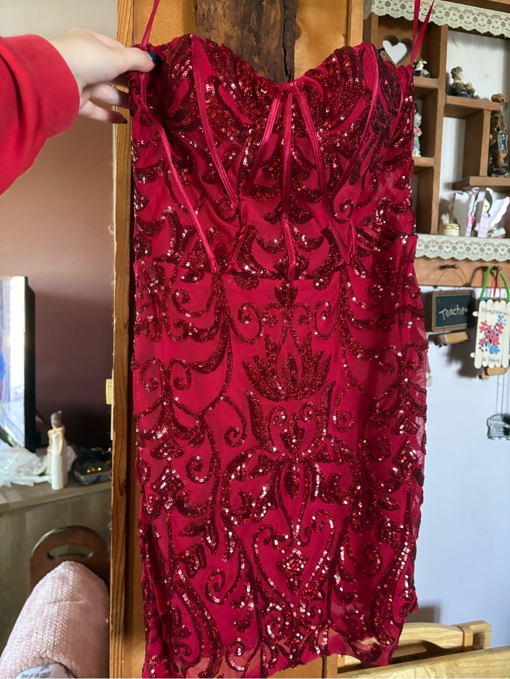 Sherri Hill Red Sequin Embellished Strapless Mini Dress